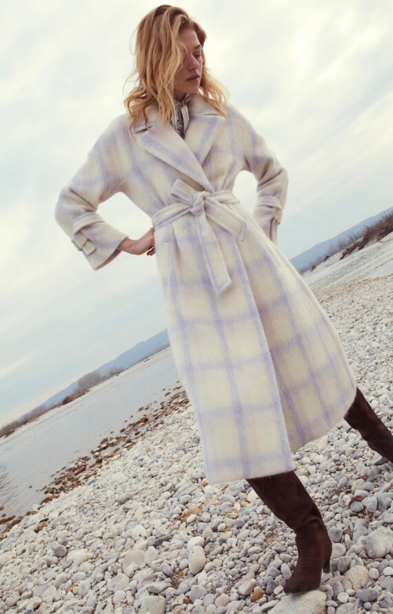 LILAC CHEQUERED COAT IN BRUSHED MOHAIR BLEND