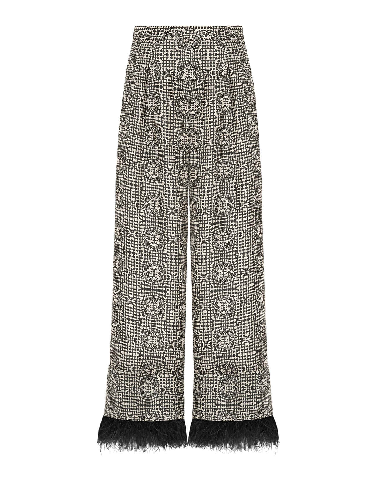 printed trousers with feathers