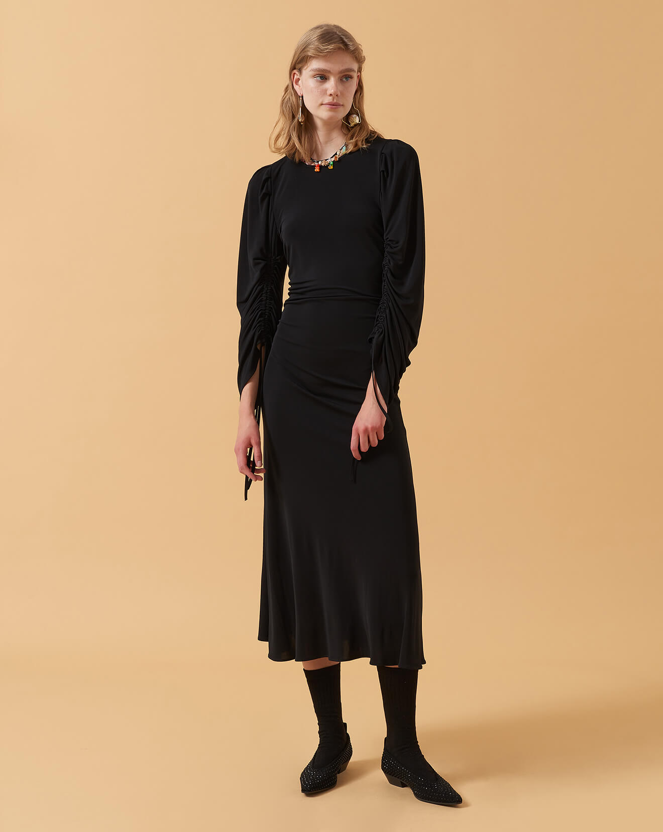 midi dress with curled sleeves