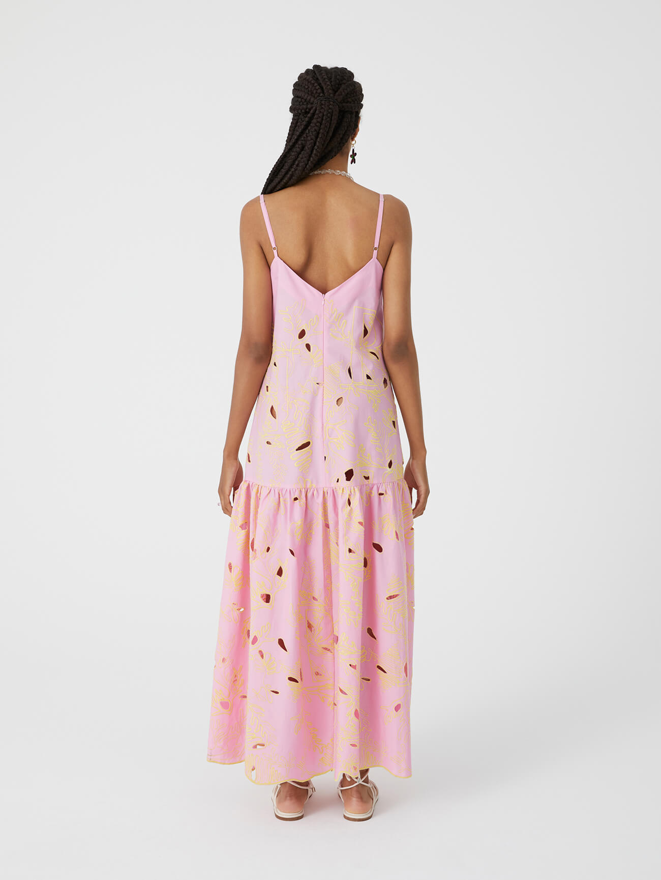 long pink dress with all over inlaid embroidery