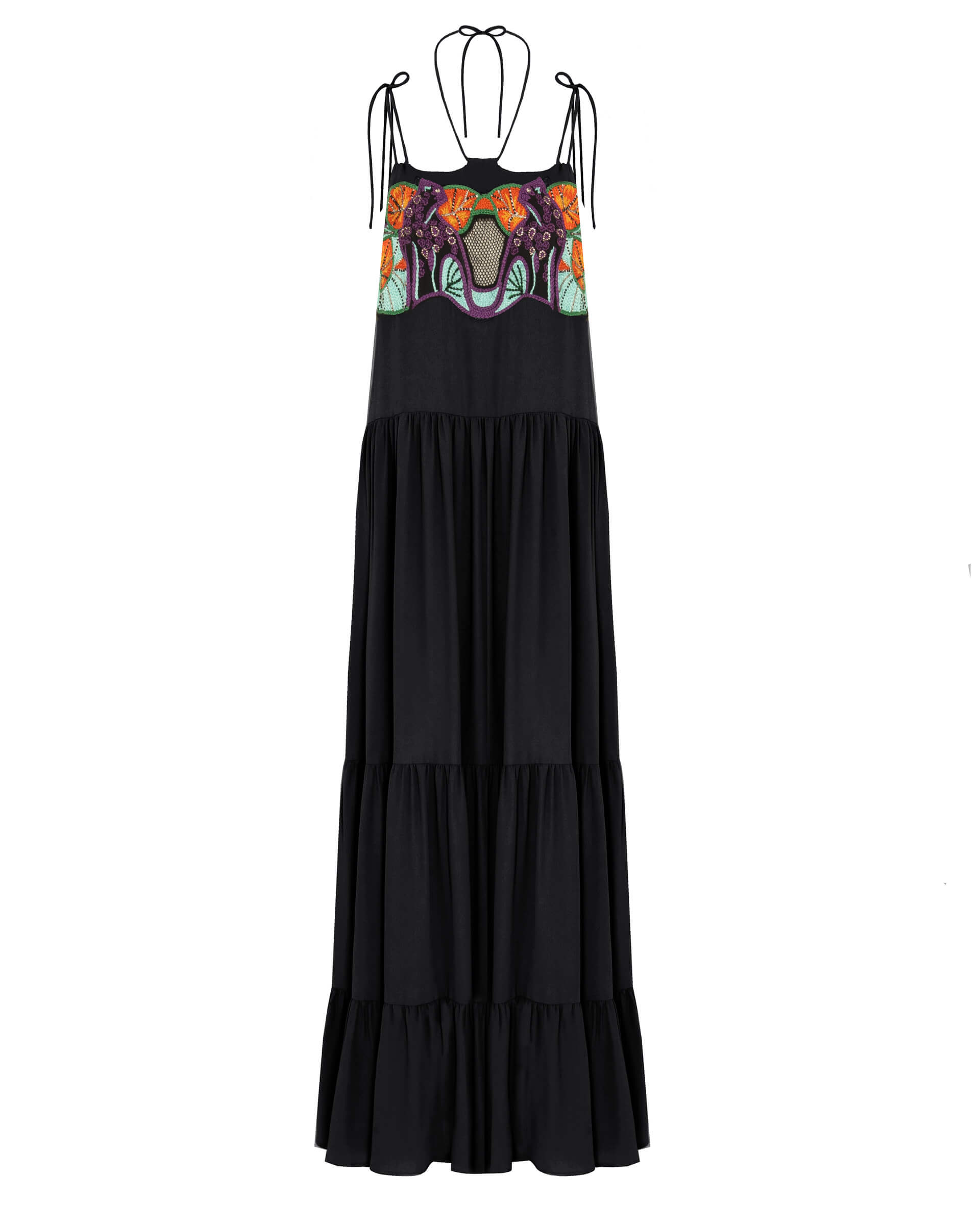 long dress in silk blend with embroidery
