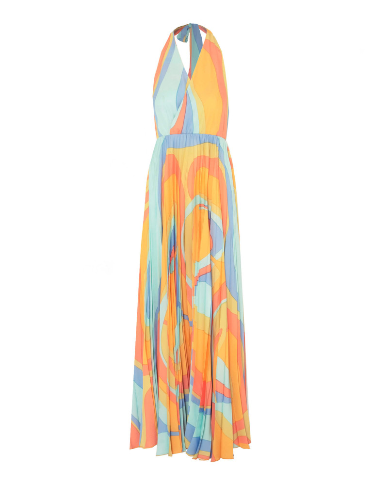 long pleated satin dress with shades print