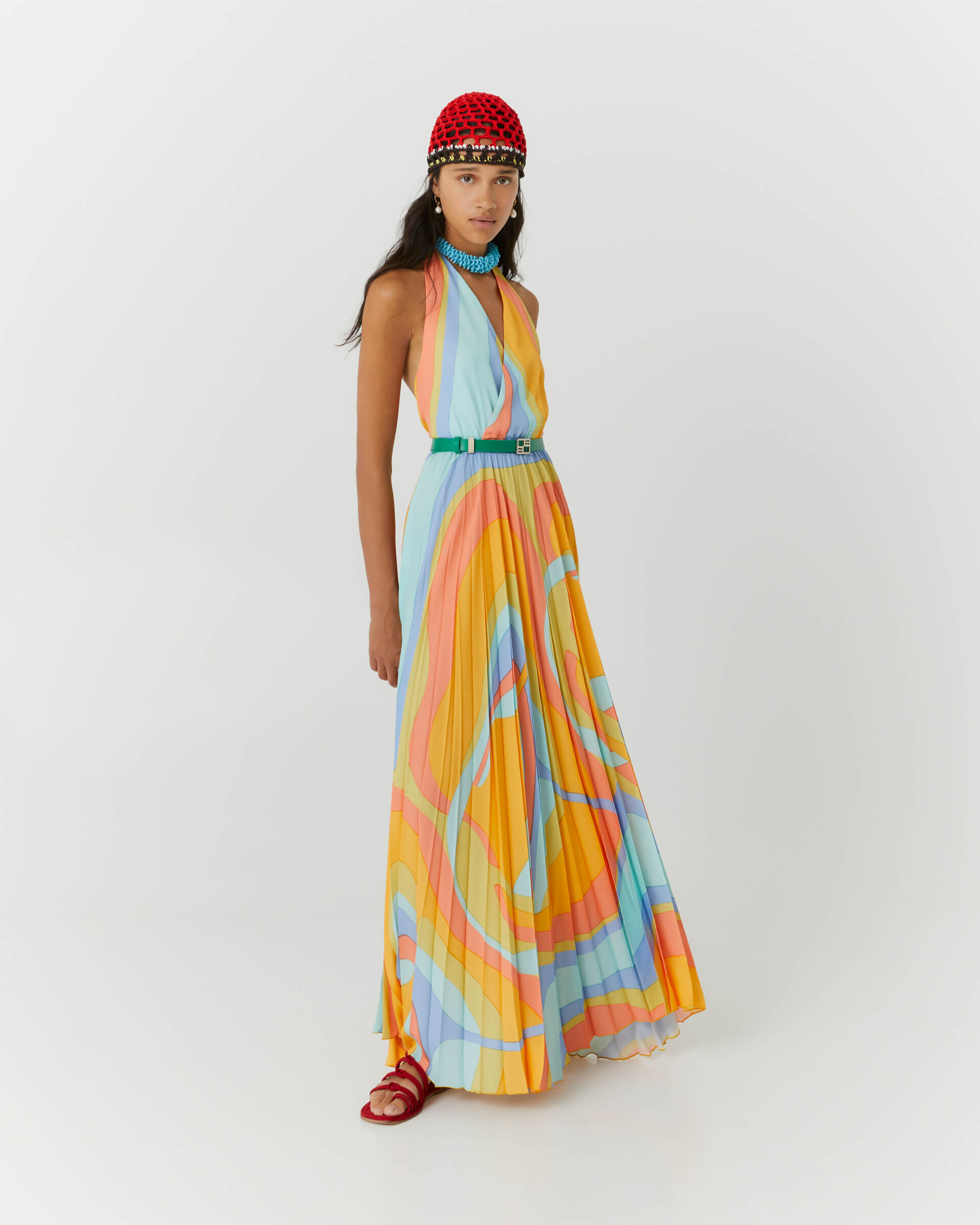 long pleated satin dress with shades print