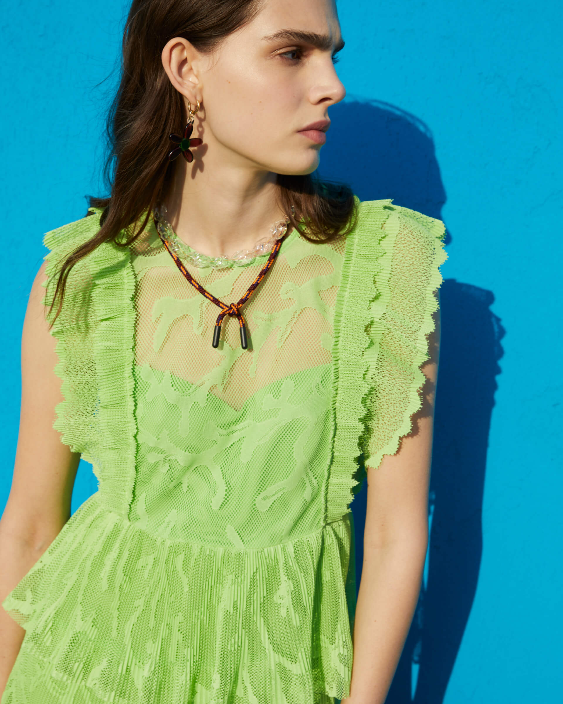 matcha couture dress with pleated flounces