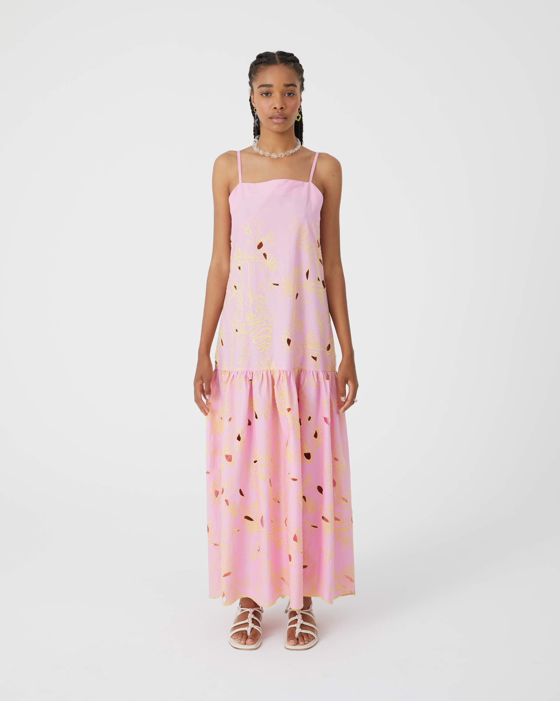 long pink dress with all over inlaid embroidery