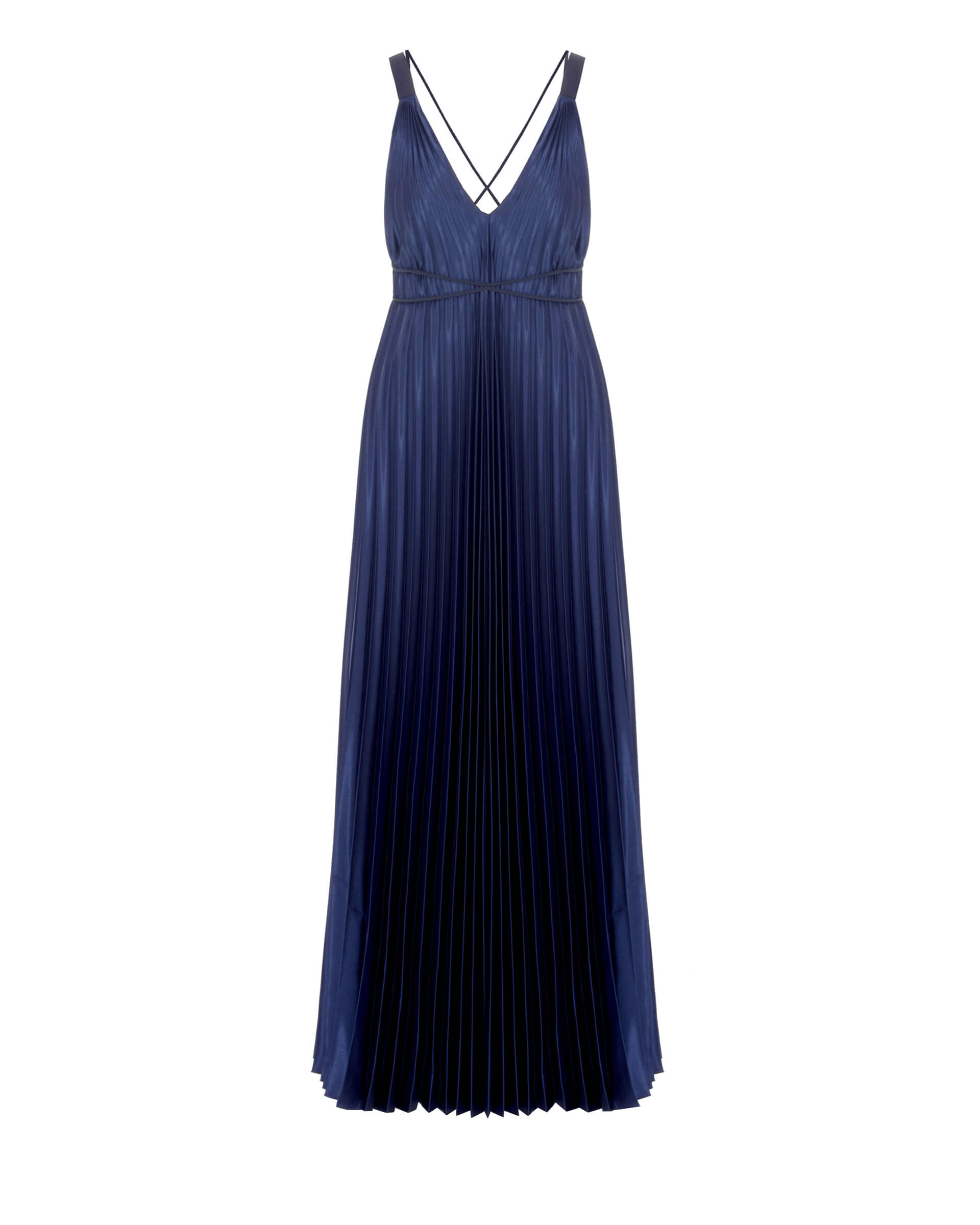blue long pleated satin dress