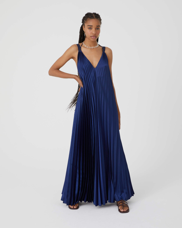 blue long pleated satin dress