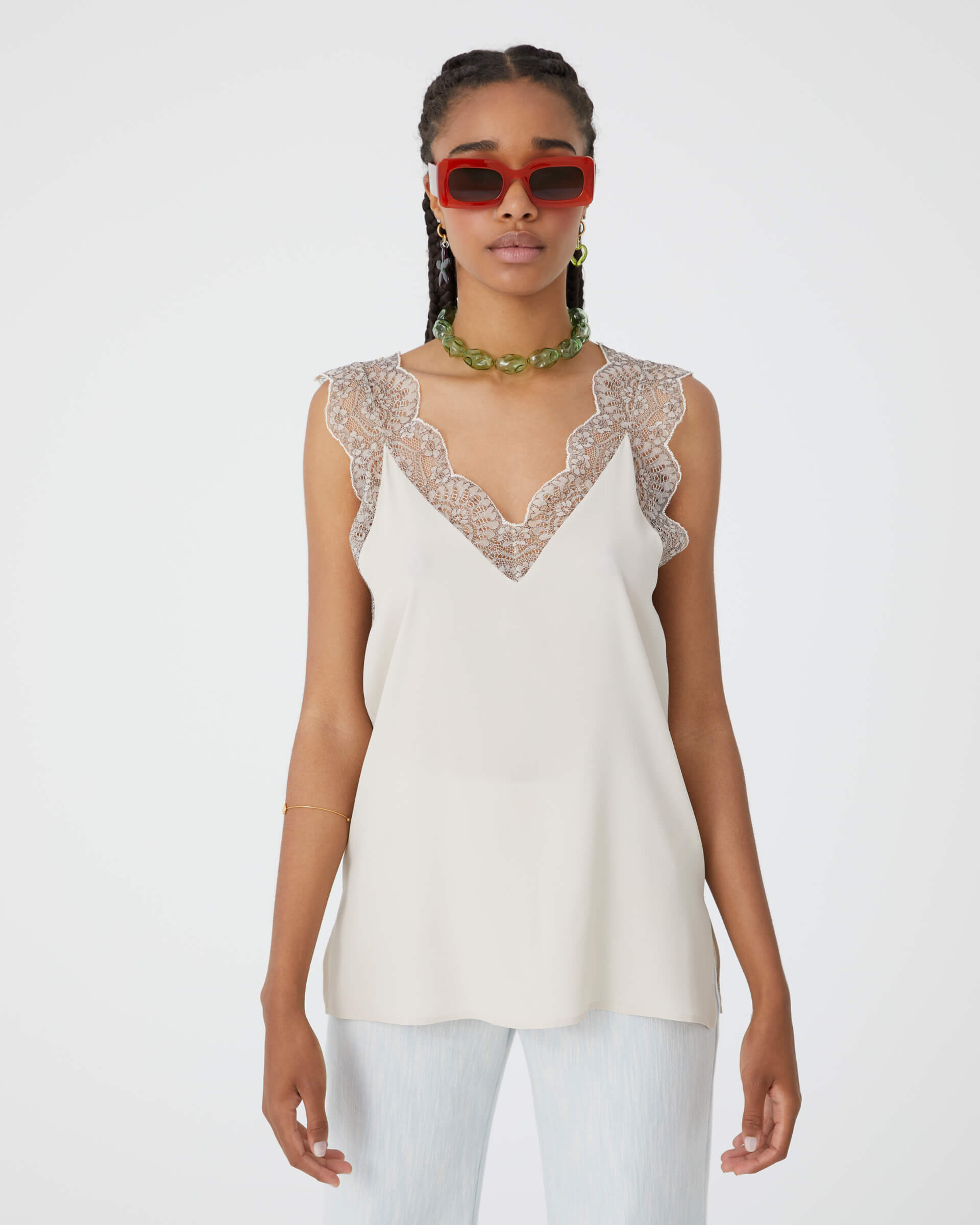 silk blend top with lace