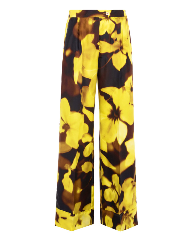 long silk trousers with blurred print