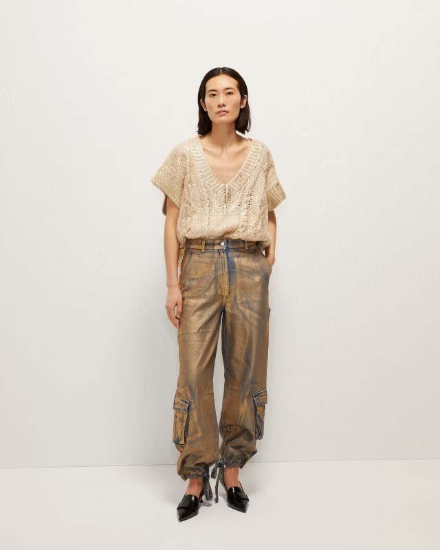 gold laminated cargo trousers