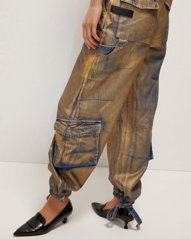gold laminated cargo trousers