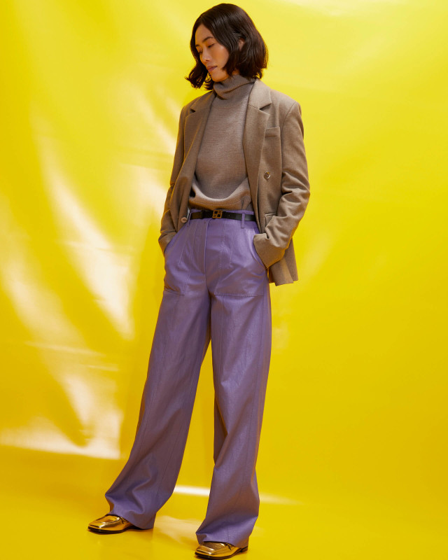 lilac eco-leather trousers