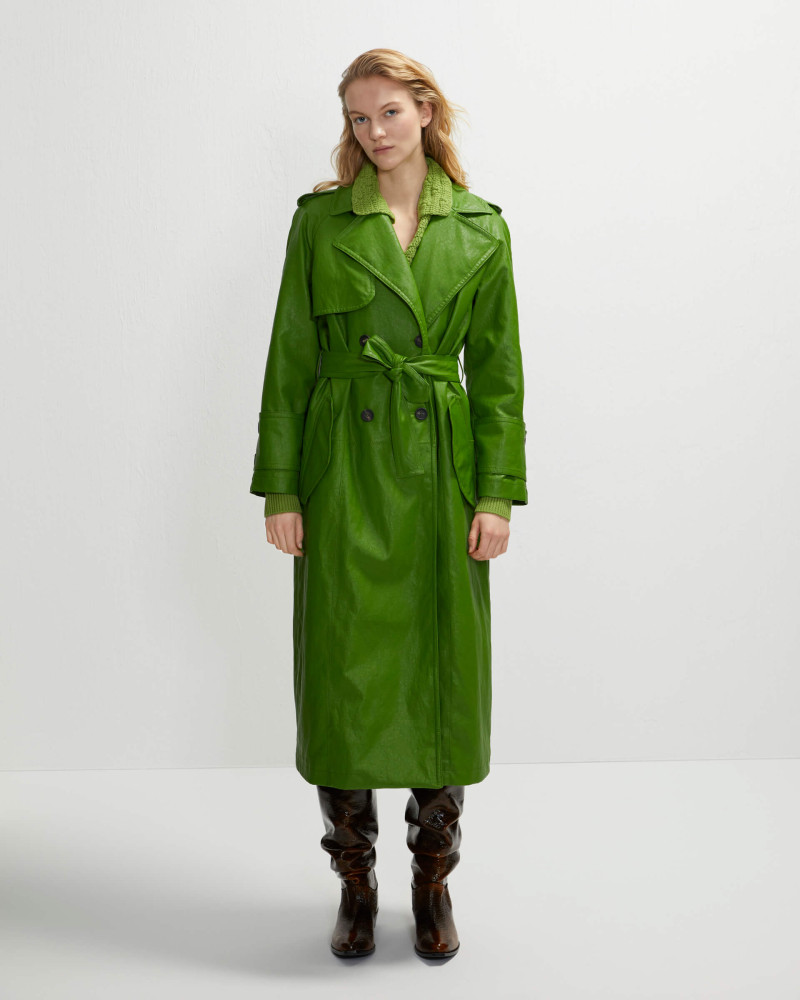 green eco-leather trench coat