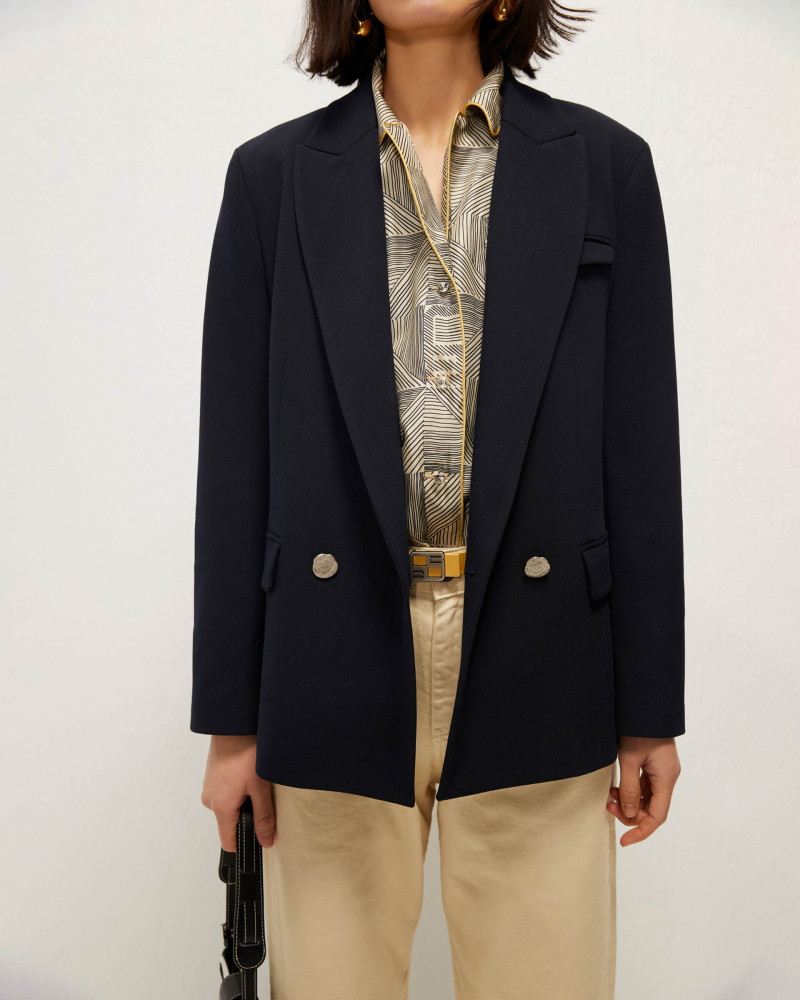 blue double-breasted wool jacket