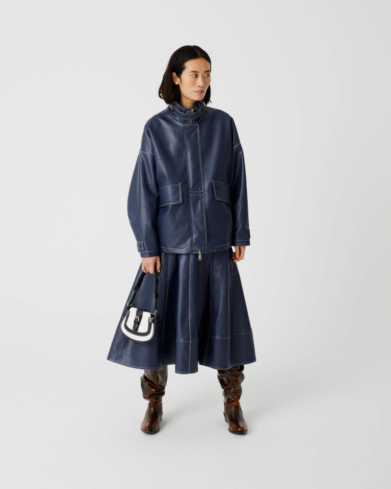 oversized blue eco-leather pea coat
