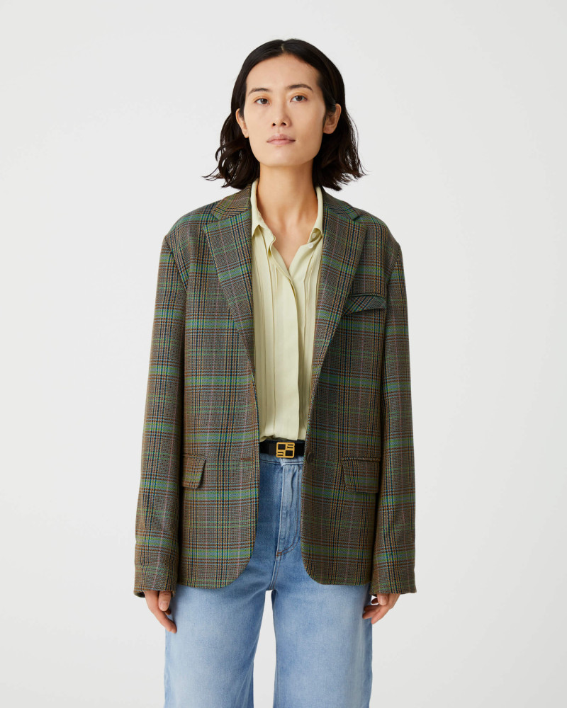 checked jacket with oversized sleeves