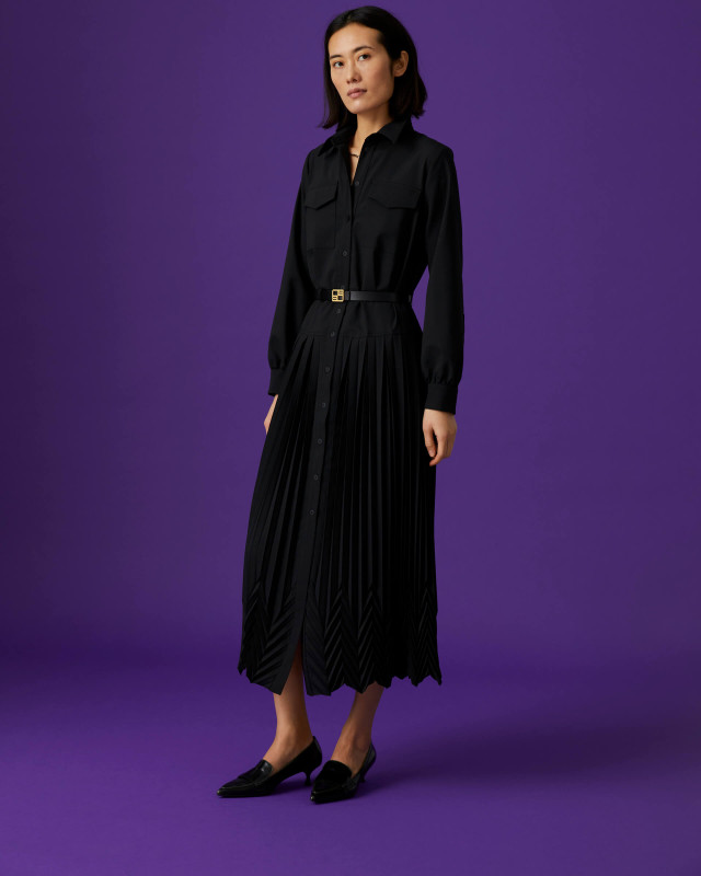 black chemise dress with handmade pleats