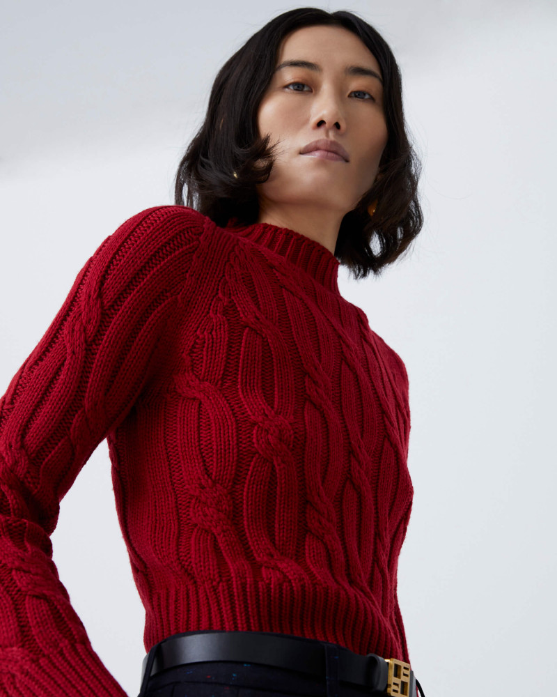 red cable stitch wool sweater