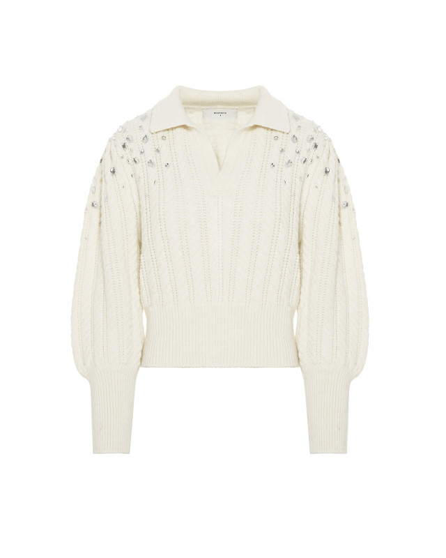 polo knit with embroidered sleeves