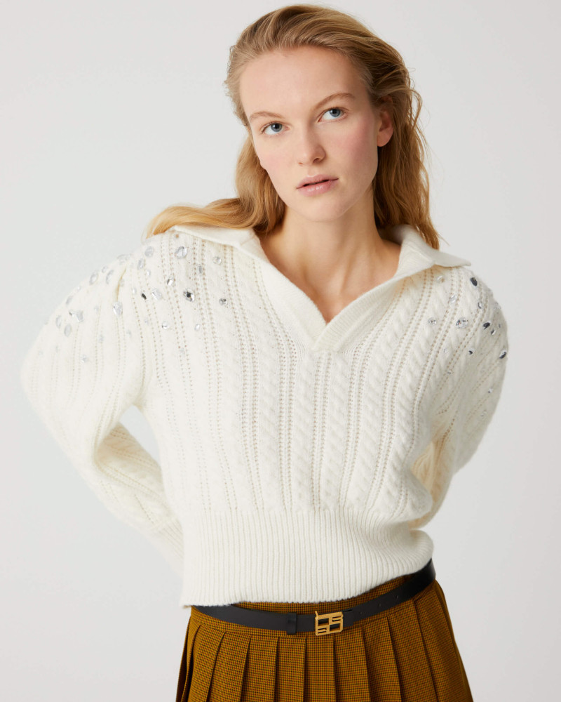 polo knit with embroidered sleeves